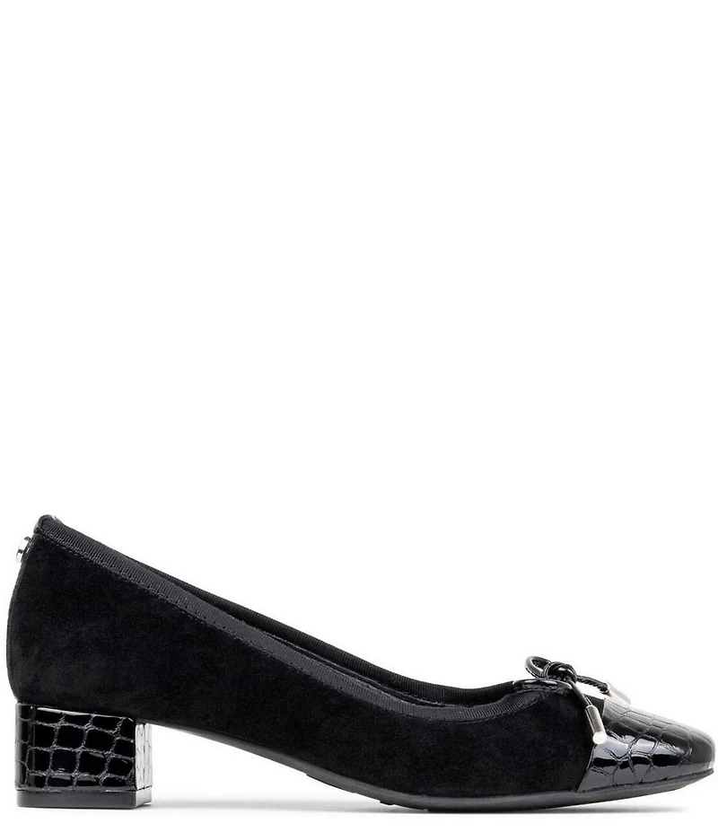 Donald Pliner Josefina Suede Crocodile Embossed Patent Cap Toe Block Heel Bow Pumps