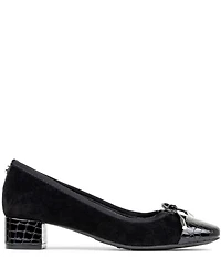 Donald Pliner Josefina Suede Crocodile Embossed Patent Cap Toe Block Heel Bow Pumps