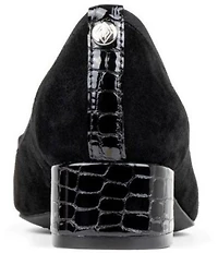 Donald Pliner Josefina Suede Crocodile Embossed Patent Cap Toe Block Heel Bow Pumps