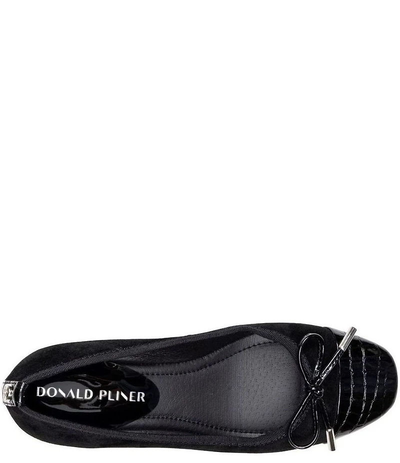 Donald Pliner Josefina Suede Crocodile Embossed Patent Cap Toe Block Heel Bow Pumps