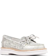Donald Pliner Lillith Crocodile Embossed Metallic Leather Casual Boat Shoes