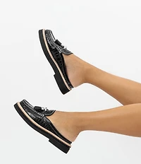 Donald Pliner Lyndall Croco Printed Patent Leather Tassel Mules