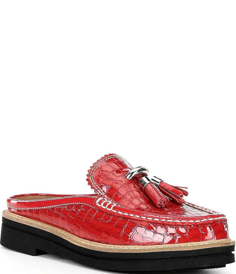 Donald Pliner Lyndall Croco Printed Patent Leather Tassel Mules