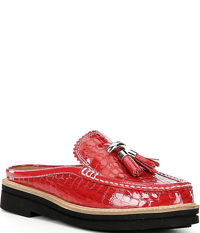 Donald Pliner Lyndall Croco Printed Patent Leather Tassel Mules