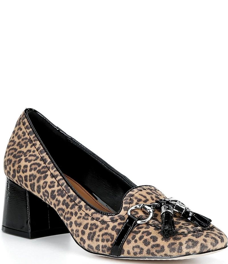 Donald Pliner Nancie Tassel Leopard Print Suede Block Heel Pumps