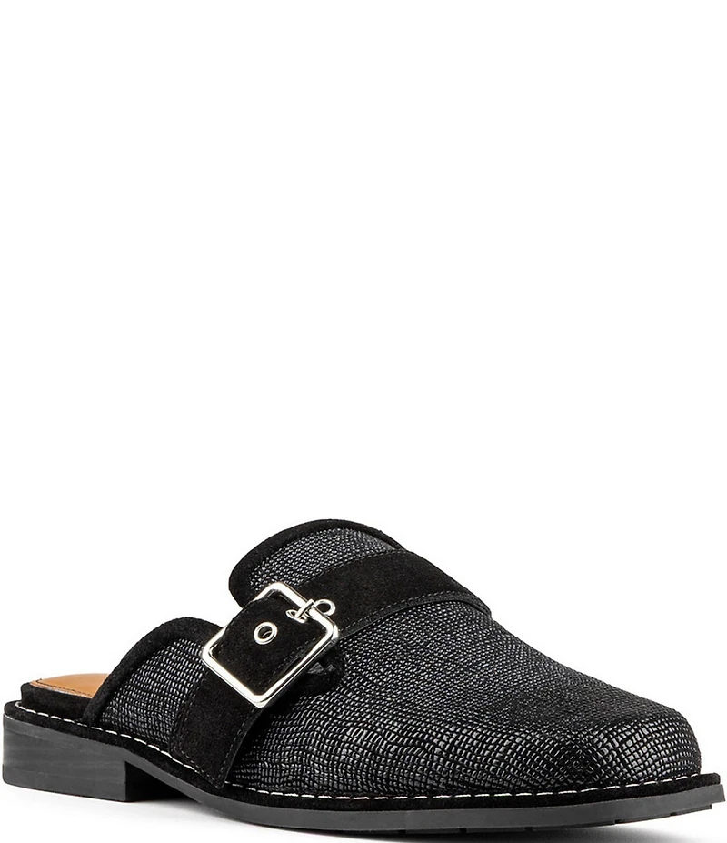 Donald Pliner Sabel Embossed Suede Buckle Hardware Mules