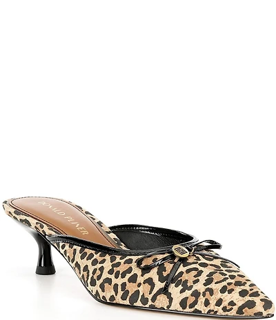 Donald Pliner Soel Leopard Print Bow Pointed Toe Kitten Heel Mules