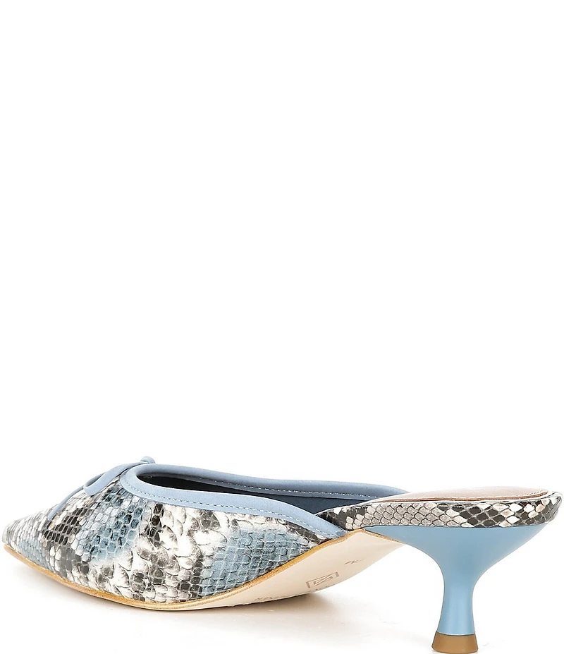 Donald Pliner Soel Snake Printed Leather Bow Kitten Heel Mules