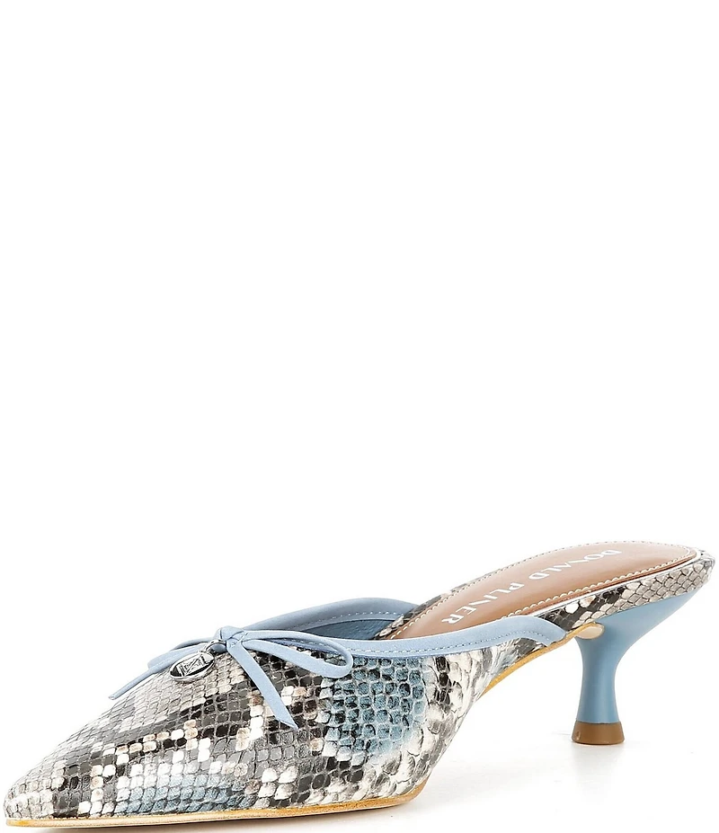 Donald Pliner Soel Snake Printed Leather Bow Kitten Heel Mules