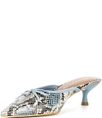 Donald Pliner Soel Snake Printed Leather Bow Kitten Heel Mules