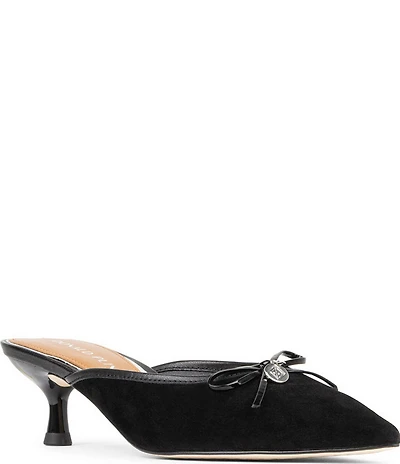 Donald Pliner Soel Suede Charm Bow Kitten Heel Dress Mules