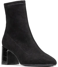 Donald Pliner Tomos Stretch Suede Croco Embossed Block Heel Booties