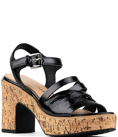 Donald Pliner Tyna Crinkle Patent Leather Cork Block Heel Platform Sandals