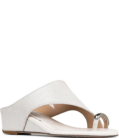Donald Pliner Vesna Metallic Lizard Print Leather Toe Ring Wedge Sandals