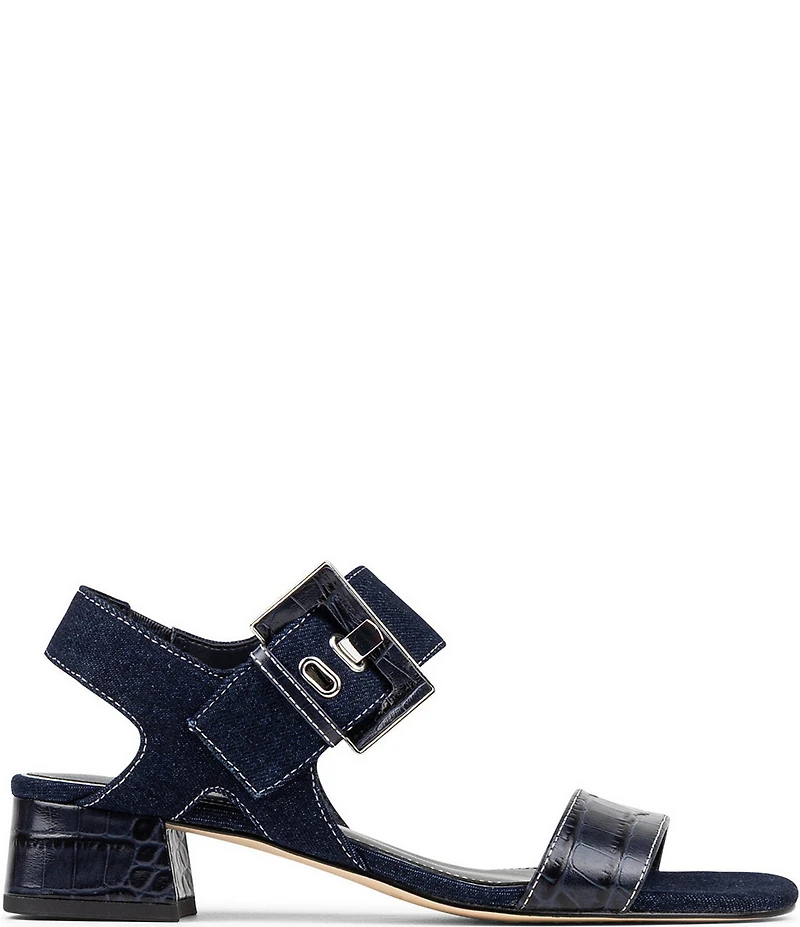 Donald Pliner Vixi Denim and Croco Print Leather Block Heel Dress Sandals