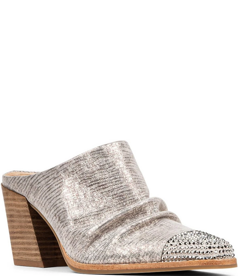 Donald Pliner Westan Distressed Metallic Leather Crystal Cap Toe Western Mules