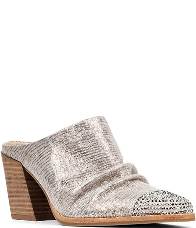 Donald Pliner Westan Distressed Metallic Leather Crystal Cap Toe Western Mules