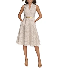 Donna Karan Jacquard V-Neck Sleeveless Belted A-Line Floral Lace Midi Dress