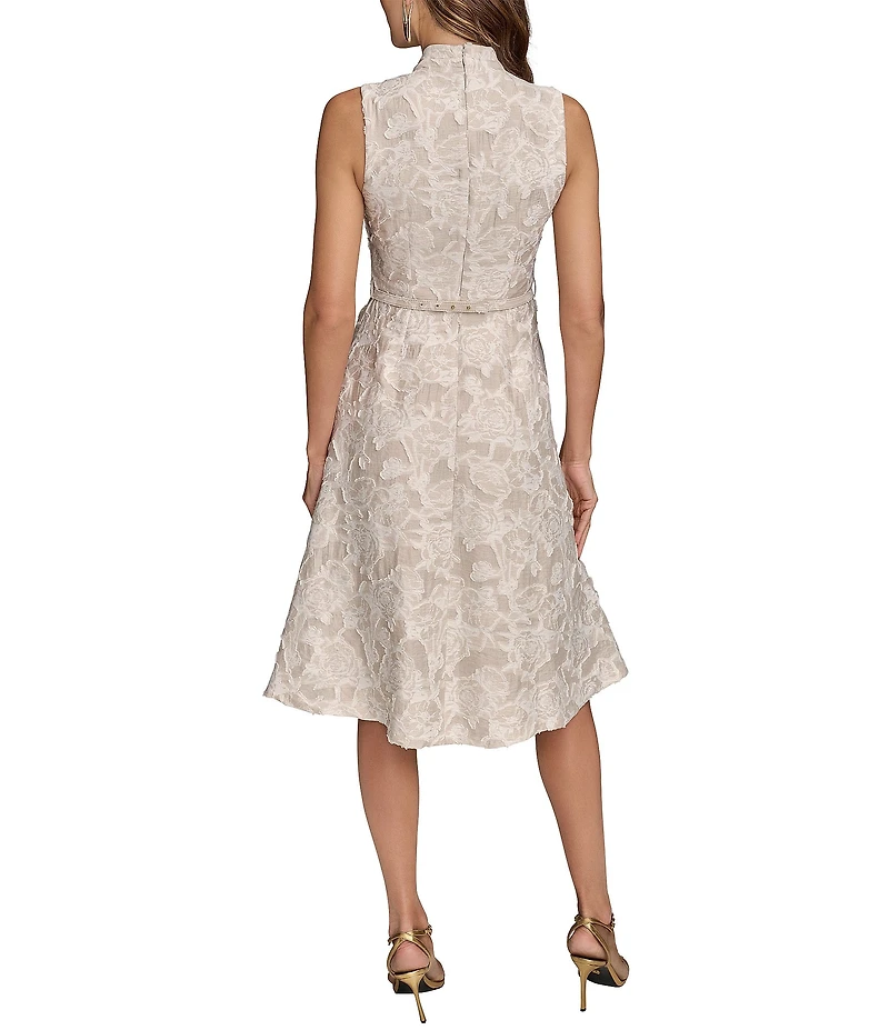 Donna Karan Jacquard V-Neck Sleeveless Belted A-Line Floral Lace Midi Dress