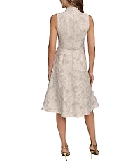 Donna Karan Jacquard V-Neck Sleeveless Belted A-Line Floral Lace Midi Dress