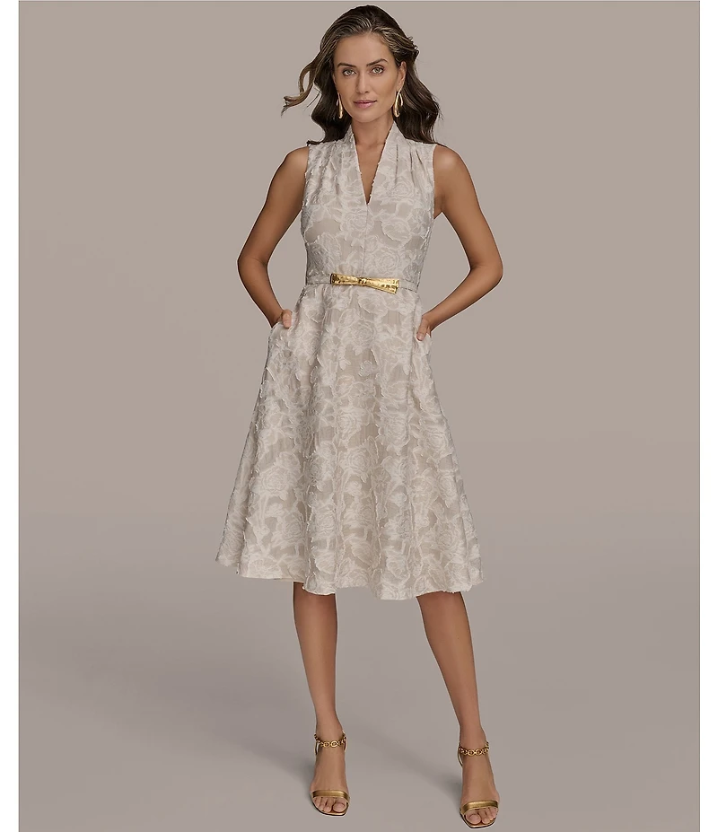 Donna Karan Jacquard V-Neck Sleeveless Belted A-Line Floral Lace Midi Dress