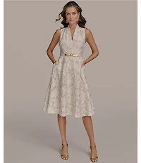 Donna Karan Jacquard V-Neck Sleeveless Belted A-Line Floral Lace Midi Dress