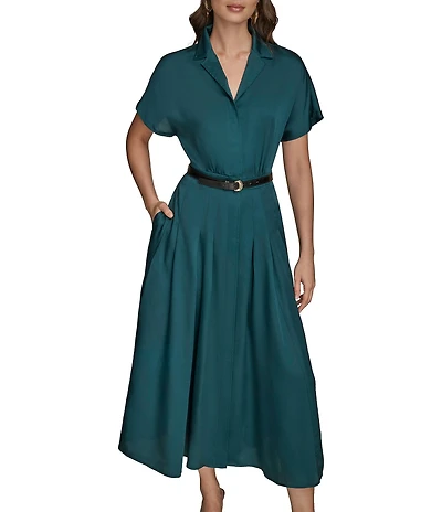 Donna Karan A-Line Notch Collar Short Sleeve Belt Dress