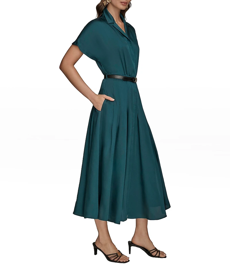 Donna Karan A-Line Notch Collar Short Sleeve Belt Dress