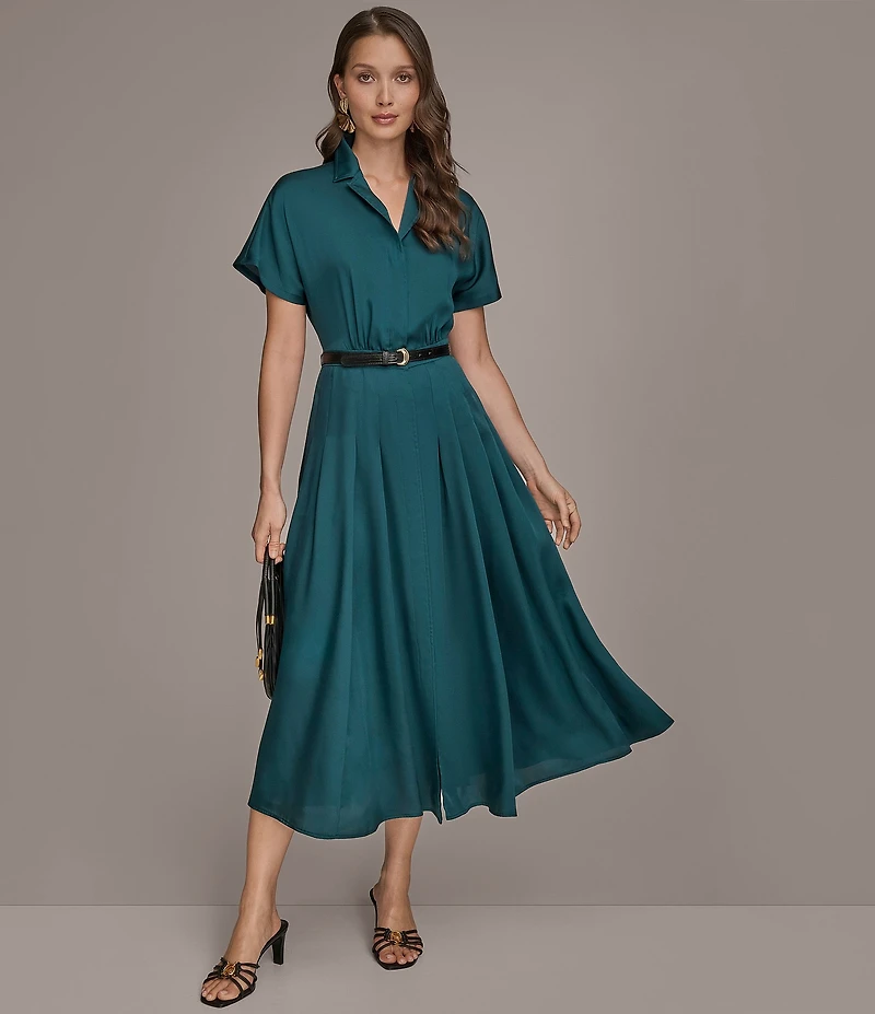 Donna Karan A-Line Notch Collar Short Sleeve Belt Dress