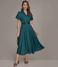Donna Karan A-Line Notch Collar Short Sleeve Belt Dress