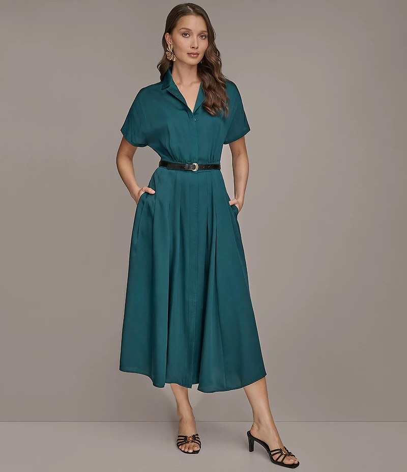 Donna Karan A-Line Notch Collar Short Sleeve Belt Dress
