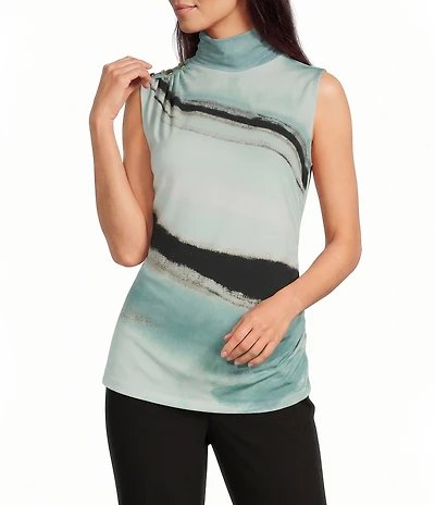 Donna Karan Abstract Crepe Jersey Mock Neck Sleeveless Button Shoulder Blouse