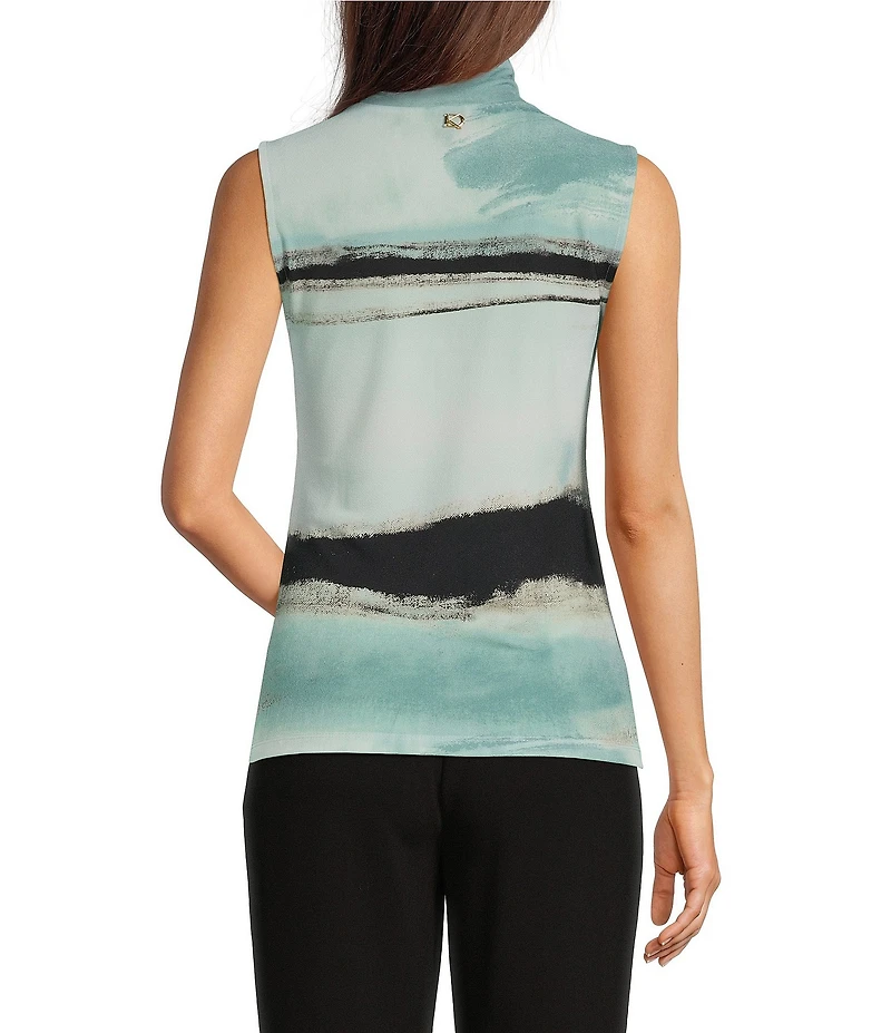 Donna Karan Abstract Crepe Jersey Mock Neck Sleeveless Button Shoulder Blouse
