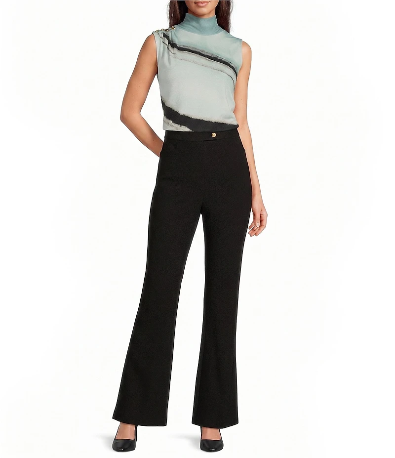 Donna Karan Abstract Crepe Jersey Mock Neck Sleeveless Button Shoulder Blouse