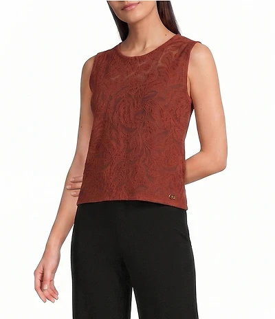 Donna Karan Abstract Floral Crew Neck Sleeveless Knit Tank