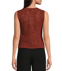 Donna Karan Abstract Floral Crew Neck Sleeveless Knit Tank
