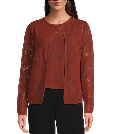 Donna Karan Abstract Floral Round Neck Long Sleeve Cardigan