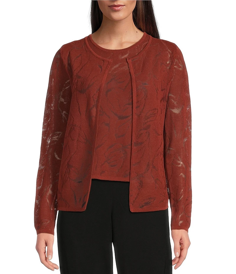 Donna Karan Abstract Floral Round Neck Long Sleeve Cardigan