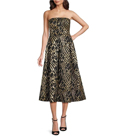 Donna Karan Abstract Print Novelty Metallic Brocade Strapless Midi Gown With Pockets