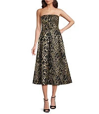 Donna Karan Abstract Print Novelty Metallic Brocade Strapless Midi Gown With Pockets