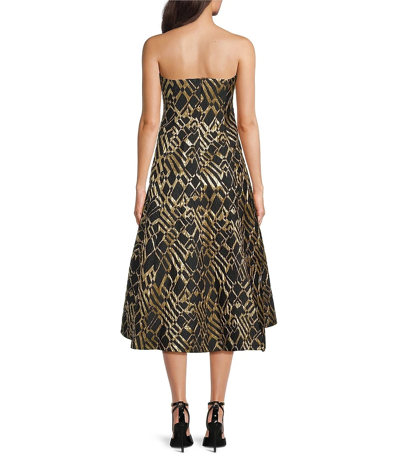 Donna Karan Abstract Print Novelty Metallic Brocade Strapless Midi Gown With Pockets