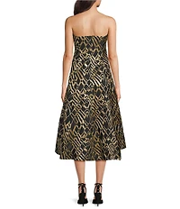 Donna Karan Abstract Print Novelty Metallic Brocade Strapless Midi Gown With Pockets