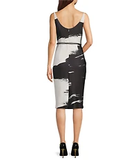 Donna Karan Abstract Print Scuba Boat Neck Sleeveless Belted Sheath Midi Dress