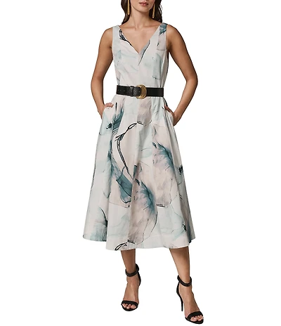 Donna Karan Abstract Print Stretch Cotton Sateen V-Neck Sleeveless Belted Fit & Flare Midi Dress