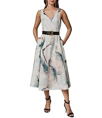 Donna Karan Abstract Print Stretch Cotton Sateen V-Neck Sleeveless Belted Fit & Flare Midi Dress
