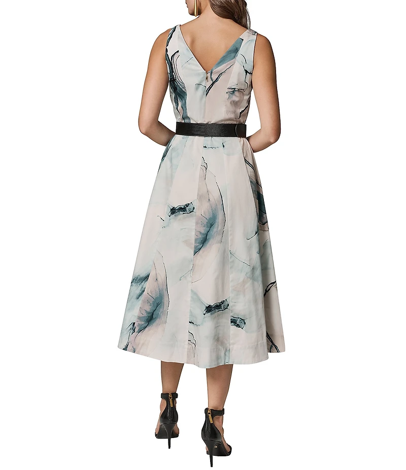 Donna Karan Abstract Print Stretch Cotton Sateen V-Neck Sleeveless Belted Fit & Flare Midi Dress