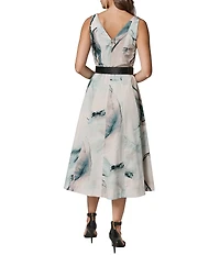 Donna Karan Abstract Print Stretch Cotton Sateen V-Neck Sleeveless Belted Fit & Flare Midi Dress