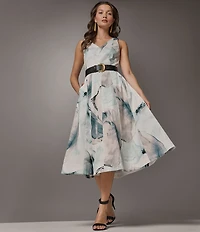 Donna Karan Abstract Print Stretch Cotton Sateen V-Neck Sleeveless Belted Fit & Flare Midi Dress