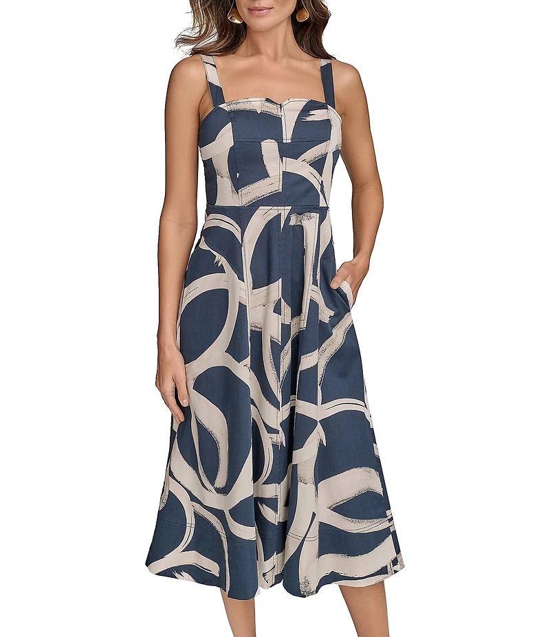 Donna Karan Abstract Print Sweetheart Neck Midi Dress