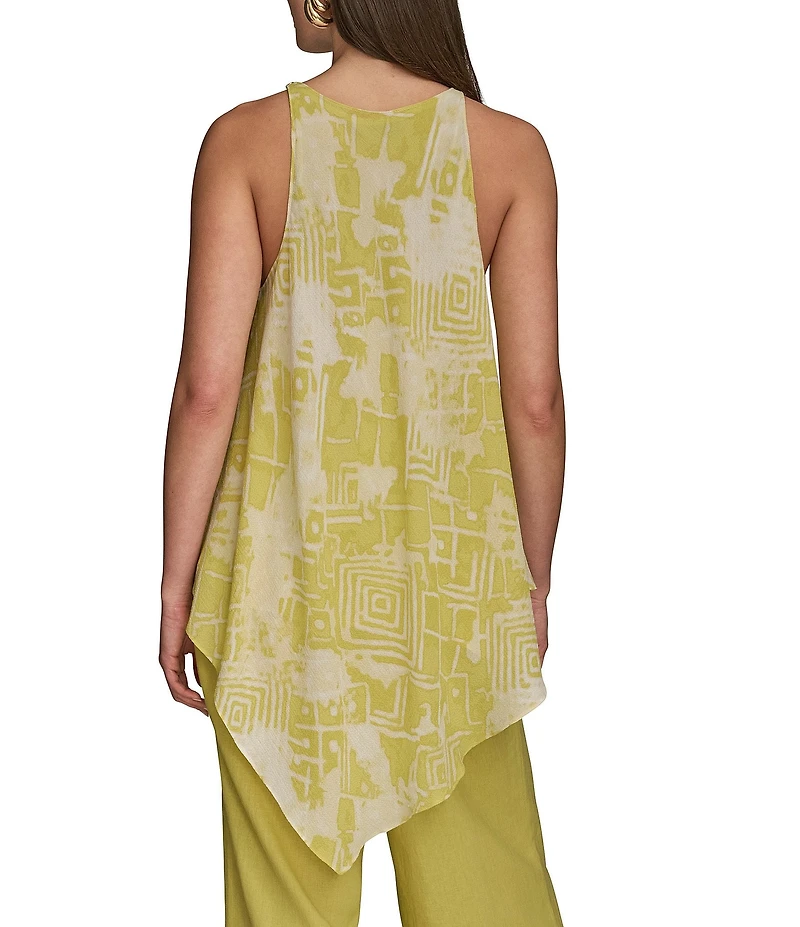 Donna Karan Abstract Printed Crew Neck Sleeveless Angled Top